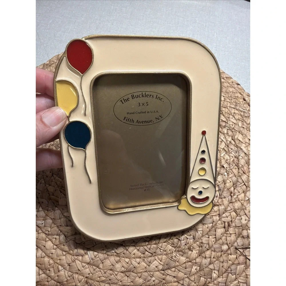 Vintage 3x5 Clown Balloon Picture Frame Enamel Baby Nursery Circus Tabletop
